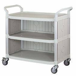 Rullebord i plast med 3 hylder, lysegrå. 52x110x102h cm.