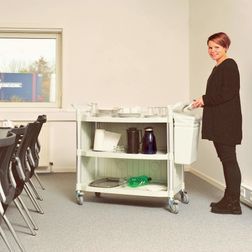 Rullebord i plast med 3 hylder, lysegrå. 52x110x102h cm.