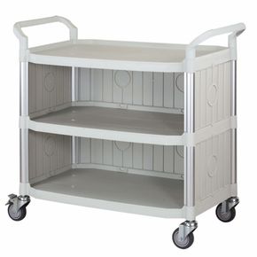 Rullebord i plast med 3 hylder, lysegrå. 52x110x102h cm.