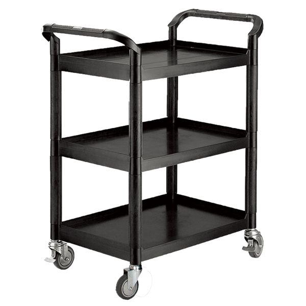 Rullebord i plast 3 hylder, sort. 48x85x100h cm. Søjler i sort